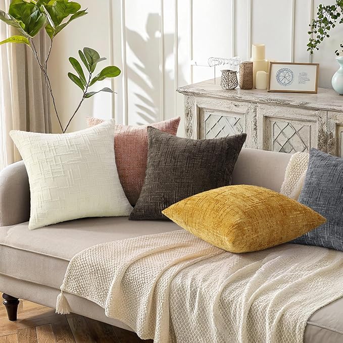 decorUhome Pink Chenille Throw Pillow Covers 22x22 Set of 2 Thick Textured Slubby Couch Pillow Covers Farmhouse Accent Modern Neutral Decorative Pillow Cases for Bed Sofa Living Room