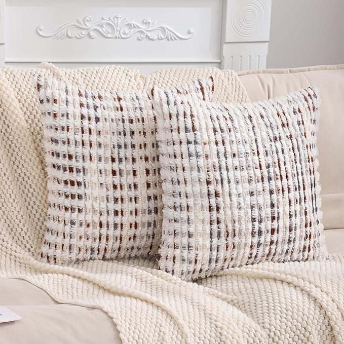 LUOYEHK Boho Throw Pillow Covers 18x18 Inch Set of 2 Farmhouse Neutral Pillow Covers Chenille Tufted Pillowcase for Couch Sofa Bed Living Room, Brown White