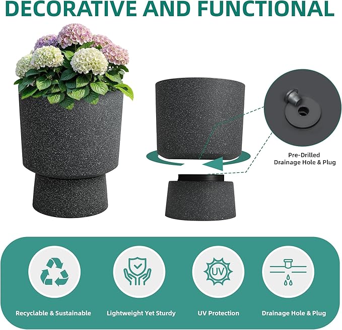 16.75"H Urn-Style Tall Planters, 2-Pack Modern Large Flower Pots for Outdoor Indoor, 2-in-1 Design Plant Containers for Garden Patio Yard Balcony Porch or Home Decor, White Terrazzo, UV-Protect