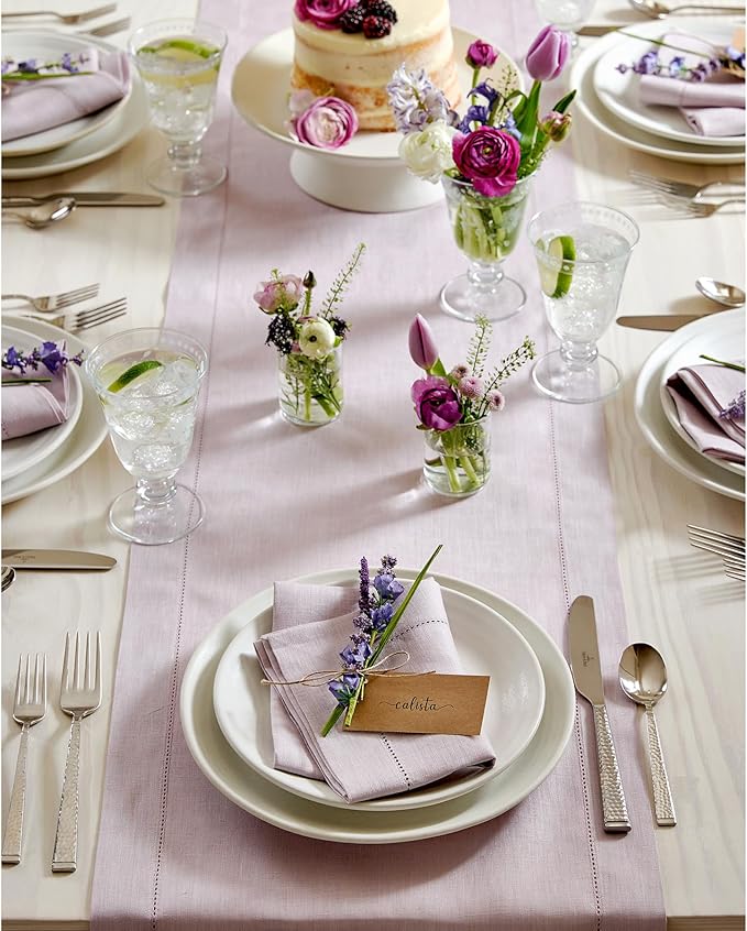 Solino Home Linen Lilac Table Runner 156 Inches Long - 100% Pure Linen Extra Long Table Runner 14 x 156 Inch for Fall, Autumn, Thanksgiving, Christmas - Classic Hemstitch