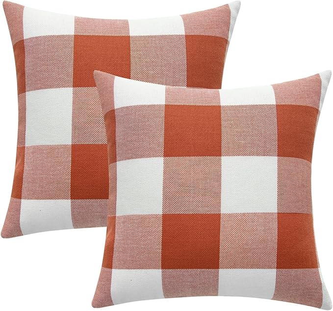 MIULEE Fall Throw Pillow Covers Pack of 2 Decorative Classic Farmhouse Buffalo Check Plaids Polyester Linen Soft Cushion Case for Couch Sofa Bedroom Outdoor 20 x 20 Inch, Burnt Orange