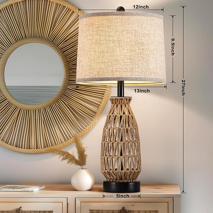 Boho Table Lamp Set of 2, 27" Handwoven Rattan Lamps with Fabric Shade, Bohemian Farmhouse Bedside Lamp Modern Wicker Lamps with Rotary Switch for Bedroom Living Room Nightstands Dorm Farmhouse Decor