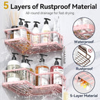 YASONIC Corner Shower Caddy Organizer, 3-Pack Self-Adhesive Rustproof Bath Shelves with Soap Holder & 4 Hooks, Large Capacity Shower Storage Rack for Bathroom Organization, Pink