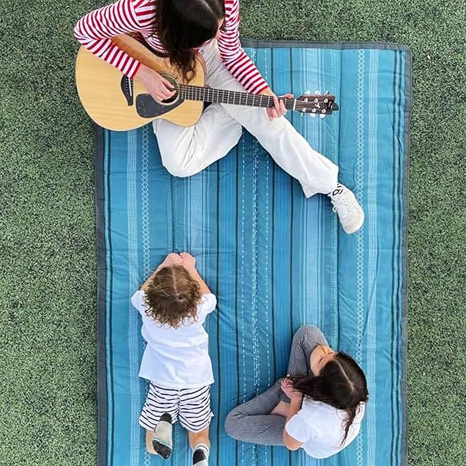 Little Unicorn 5'x5' Outdoor Family Picnic & Beach Blanket | Durable & Water-Resistant Fabric | Compact Fold & Easily Wipes Clean | Zipper Pocket (Shoreline Stripe)