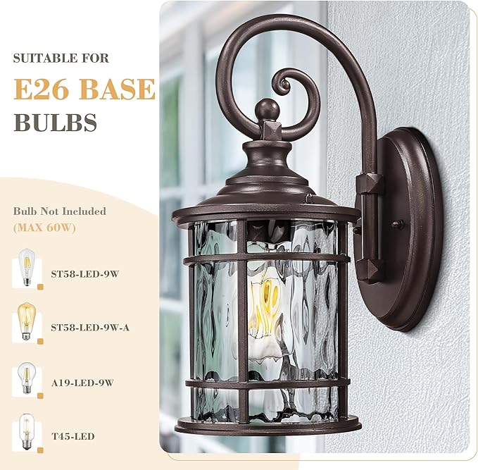 Emliviar 15.5" Outdoor Wall Mounted Light Fixture, Farmhouse Porch Lighting in Oil Rubbed Bronze Finish, Outside Lantern for Yard with Water Ripple Glass Shade, XE229B ORB WG