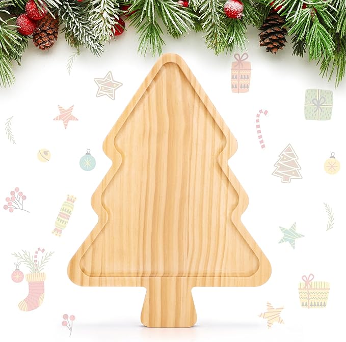 Christmas Tree Shaped Wooden Serving Tray - 12" Charcuterie Board for Cheese, Snacks, Appetizers & Desserts - Holiday Platter with Handles, Christmas Decorative Tray (12 x 8.7 x 0.6 Inches)