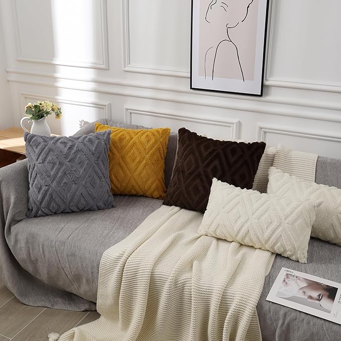Pallene Brown Throw Pillow Covers 24x24 Set of 2, Soft Plush Faux Fur Decorative Couch Pillow Covers for Sofa Bed Living Room Pillow Cases with 3D Diamond Pattern