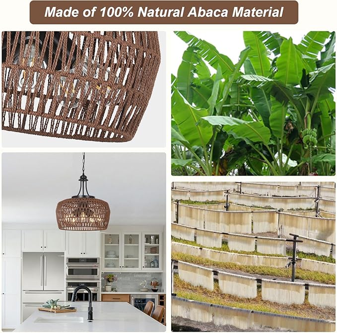 HMVPL Coffee Rattan Chandeliers for Dining Room, 5-Light Coastal Chandelier with Wicker Lampshade, Large Farmhouse Light Fixture, Boho Dining Room Chandelier for Island Kitchen Bedroom Living Room
