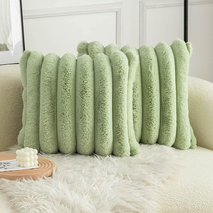 Neelvin Green Faux Fur Cozy Soft Striped Decorative Throw Pillow Covers 26x26 inch Set of 2,Velvet Pillowcase Cushion Case for Sofa Couch