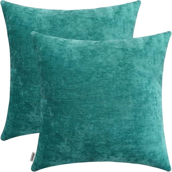 Jeneoo Decorative Dark Aqua Throw Pillow Covers Rustic Farmhouse Soft Square Chenille Comfy Solid Couch Cushion Cases for Sofa Bedroom (Set of 2, 18 x 18 Inches)