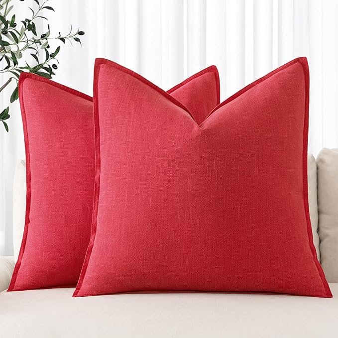 MIULEE Christmas Decorative Linen Pillow Covers 18x18 Inch Red Boho Farmhouse Neutral Couch Throw Pillows for Bed Pack of 2 Accent Modern Pillowcase Sofa Livingroom Home Decor