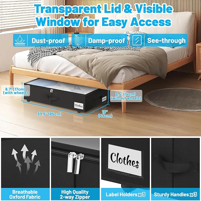 2 Pack Under Bed Storage with Wheels 6.7" Height, Rolling Storage Bins XL 50L, Underbed Shoe Storage Containers with Label & Clear Lid, Dorm Under bed Drawers for Clothes, Shoes, Quick Assembly, Black