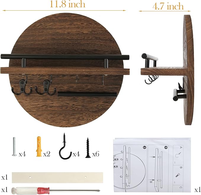Key Holder for Wall with Shelf - Wood Mail Organizer and Rack with Shelf Hooks Wall Mounted for Entryway Decor Magazines Letter Storage Farmhouse Living Room Bedroom Doorway (Rustic Brown)