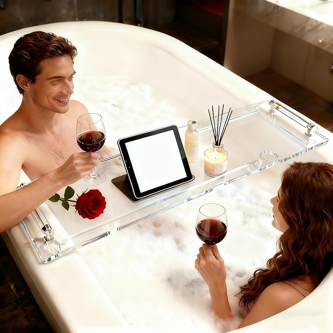 Premium Non-Slip Acrylic Bathtub Tray | Universal Spa Caddy for Tablets, Books & Wine | Fits Most Standard Tubs, Bath Essentials Holder 34”