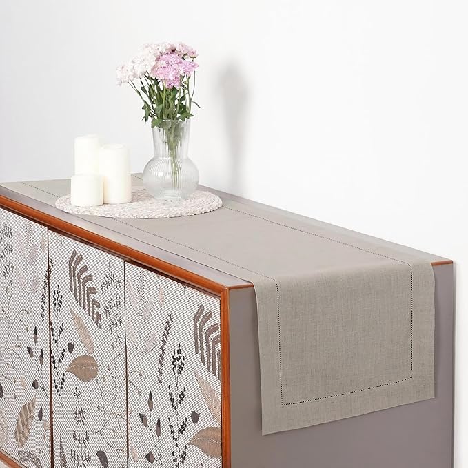 D'Moksha Homes Linen Natural Table Runner 84 Inches Long - 100% Pure Linen Table Runner 14 x 84 Inch for Fall, Autumn and Halloween - Classic Hemstitch