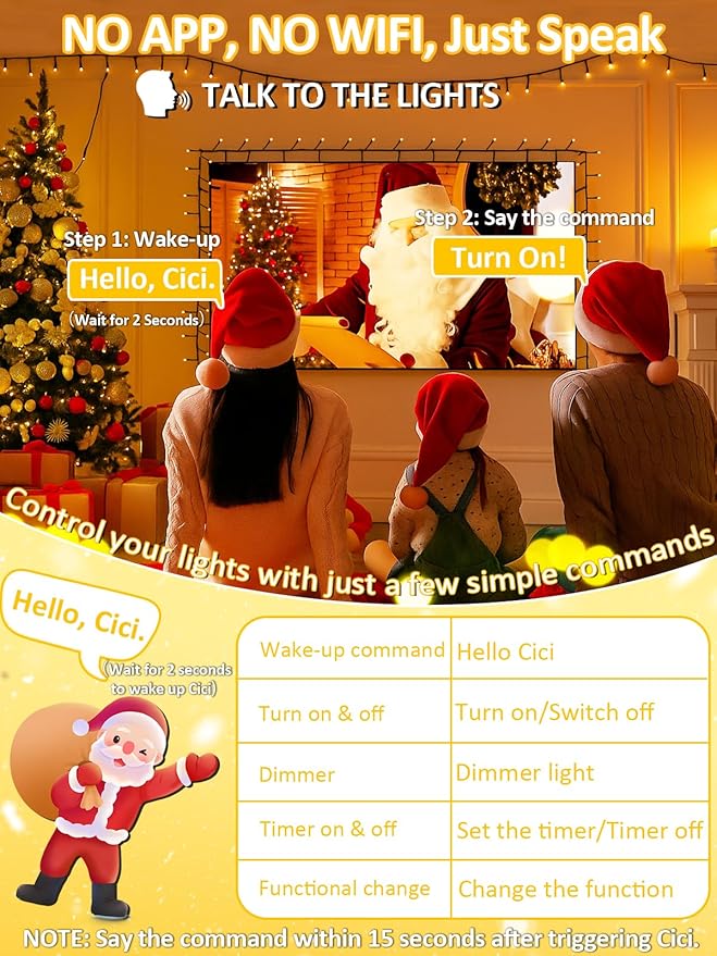 Voice Controlled Christmas Lights Outdoor, 75.8ft 200 LED Extendable Twinkle String Lights with 7 Voice Commands, 12 Modes & Timer, Waterproof Christmas Tree Lights for Party Garden (Warm White)