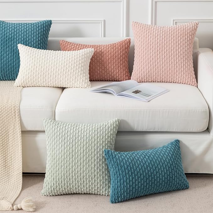 Kevin Textile Throw Pillow Covers Soft Corduroy Decorative Set of 2 Boho Striped Pillow Covers Valentines Day Pillowcases Farmhouse Home Decor for Couch Bed Sofa Living Room 24x24 Inch Baby Pink