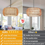 Boho Chandeliers for Dining Room,Rattan Chandeliers with Fabric Shade,Farmhouse Dining Room Light Fixtures,Kitchen Island Lighting 5-Lights Hand Woven Drum Chandelier,18 in,UL Listed
