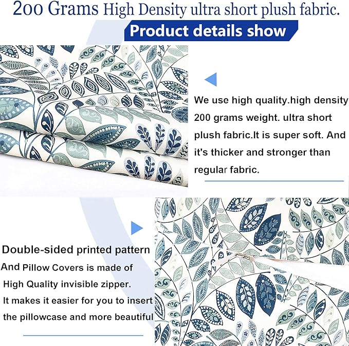 Decorative Throw Pillow Covers Set of 2 Blue Green Small Leaves Pillow Covers 18x18 inch Soft Short Plush Square Floral Throw Pillows,Farmhouse Outdoor Pillow Covers for Couch Living Room