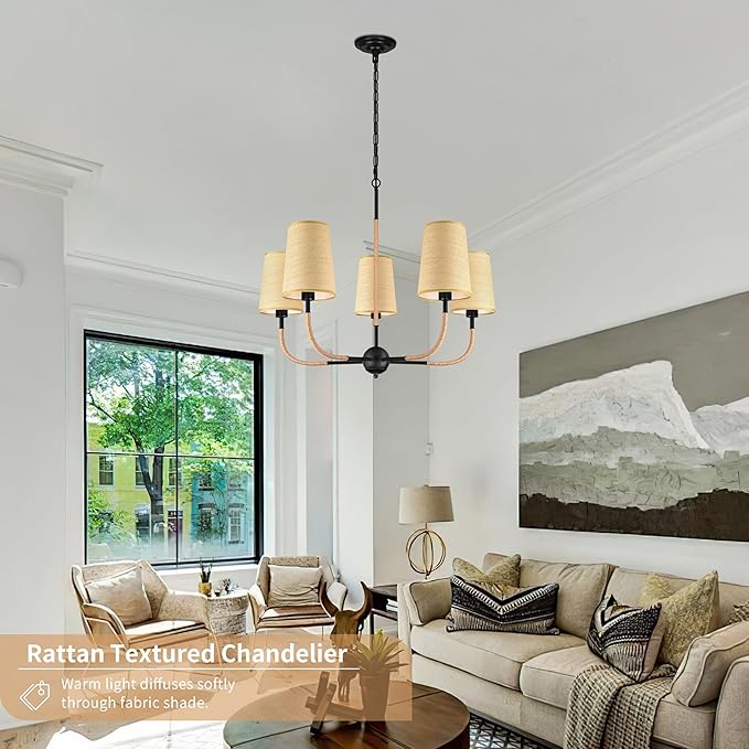 28" Black Boho Rattan Chandelier for Living Room 5-Light Coastal Boho Pendant Light Fixture Bedroom Adjustable Rustic Farmhouse Chandeliers for Dining Room Kitchen Island Foyer Entryway