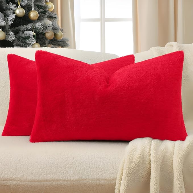 Pallene Faux Fur Plush Lumbar Throw Pillow Covers 12x20 Set of 2, Soft Fluffy Couch Pillow Covers for Living Room, Red