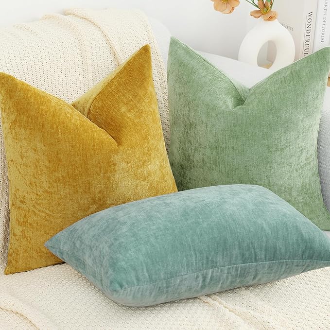 decorUhome Chenille Mineral Yellow Throw Pillow Covers 20x20 Inch Set of 2, Decorative Soft Couch Pillow Covers Solid Dyed Accent Velvet Farmhouse Neutral Square Pillow Cases for Sofa Bed Living Room