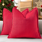 decorUhome Christmas Corduroy Red Throw Pillow Covers 20x20 Set of 2 Decorative Soft Boho Farmhouse Euro Couch Pillow Covers for Living Room Bed Sofa Broadside Striped Pillow Cases