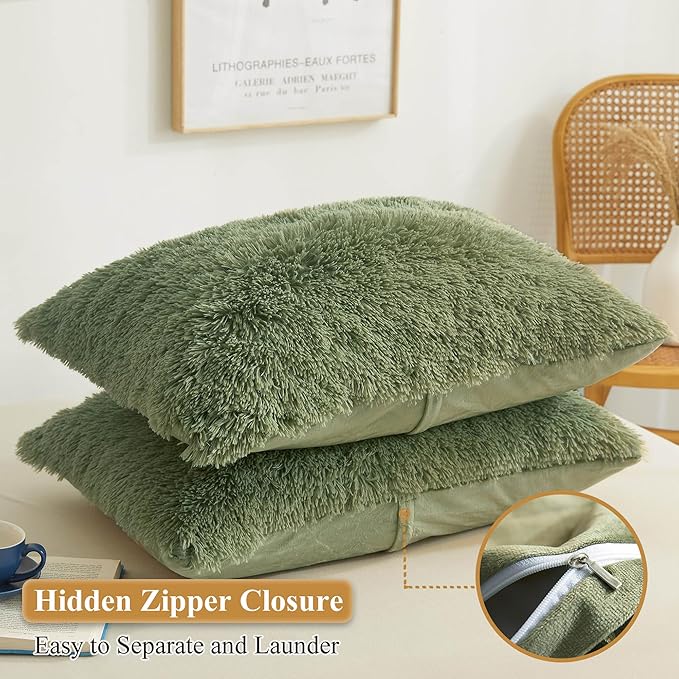 XeGe Faux Fur Throw Pillow Covers, Luxury Fluffy Plush Pillow Shams, Shaggy Decorative Pillow Cushion Cover for Sofa Bed Couch with Zipper Closure, Pack of 2 (18''x18'', Sage Green)