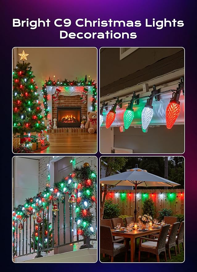 Minetom C9 Christmas Lights Outdoor, 100 FT 150 LED Connectable C9 String Lights with 8 Modes and Timer Xmas Tree Patio Garden Yard Holiday Party Indoor Outdoor Decoration, Red, Green and White