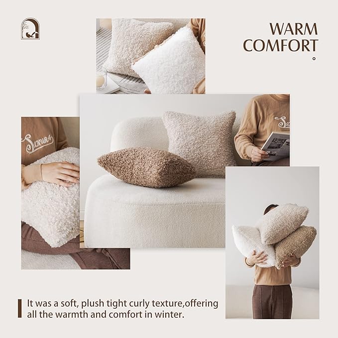 Foindtower 2 Pieces 24x24 Inch White, Faux Fur Throw Pillow Cover Accent Sherpa Pillow Fuzzy Soft Pillowcases Sheepskin Decorative Fleece Cushion Case for Bed Couch Living Room