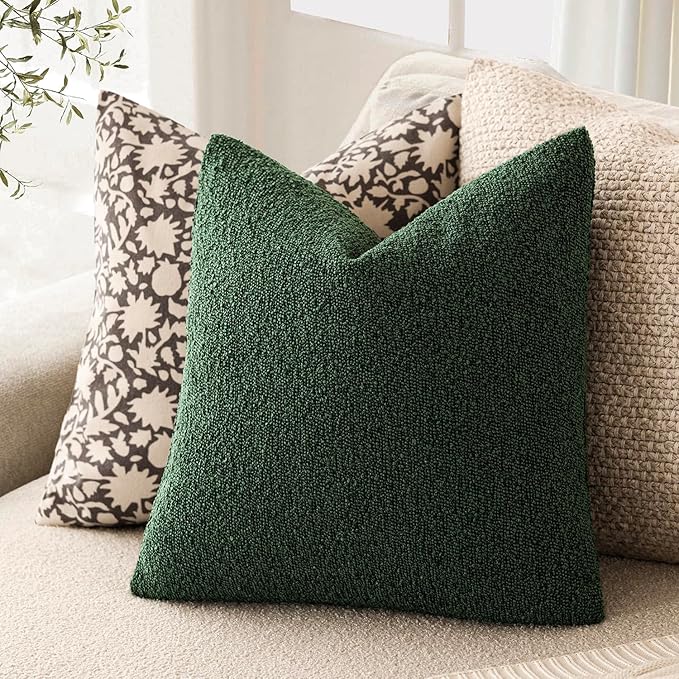Foindtower Set of 2, Decorative Textured Boucle Throw Pillow Covers Accent Solid Pillow Cases Neutral Cozy Couch Cushion Case for Chair Sofa Bedroom Living Room Home Decor 16x16 Inch Pine Green