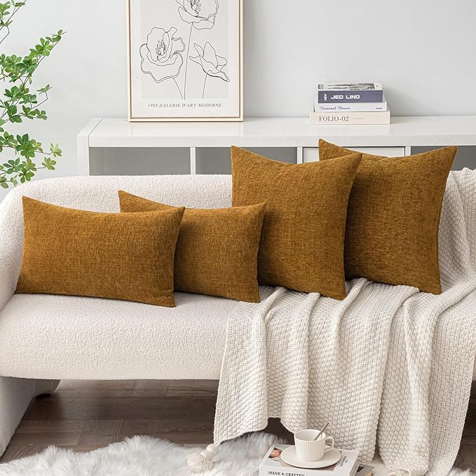 MIULEE Pack of 2 Couch Throw Pillow Covers 16x16 Inch Soft Mustard Chenille Pillow Covers for Sofa Living Room Solid Dyed Pillow Cases