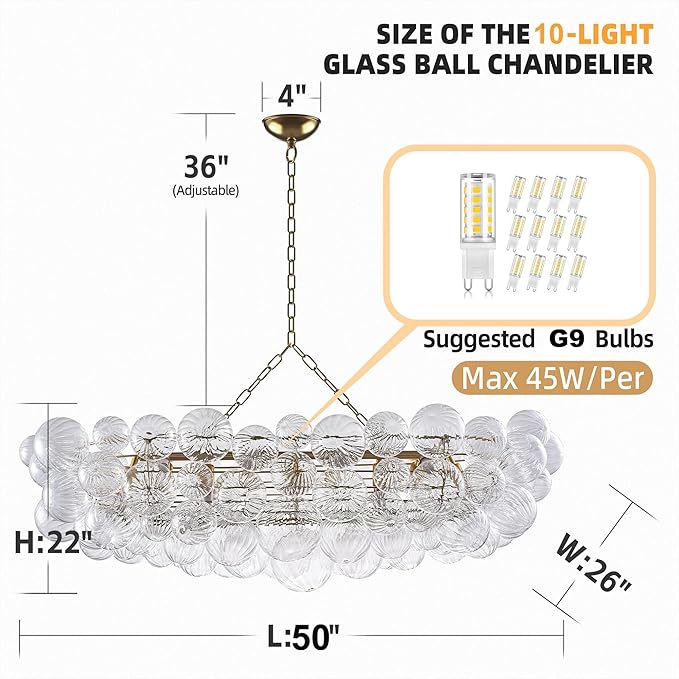 Luxury Bubble Glass Chandeliers Clear Ribbed Swirled Blown Glass Ball 50" L Rectangular Island Light Fixture Hanging Pendant Light Fixtures for Living Room Restaurant Dining Table