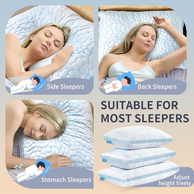 QUTOOL Double Sided Cooling Pillow for Hot Sleepers, Shredded Memory Foam Pillows King Size Set of 2, Adjustable Soft & Firm Gel Bed Pillow for Side, Back, Stomach Sleepers