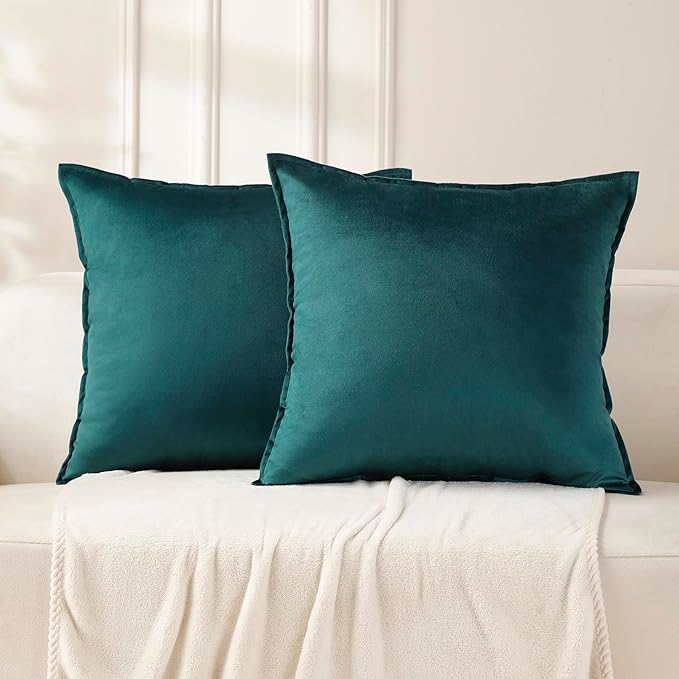 VAKADO Throw Pillow Covers 18x18 Set of 2 Teal Velvet Decor Decorative Couch Cushion Christmas Euro Xmas Pillowcases with Fringe Home Bed Decoration for Sofa Bedroom Office
