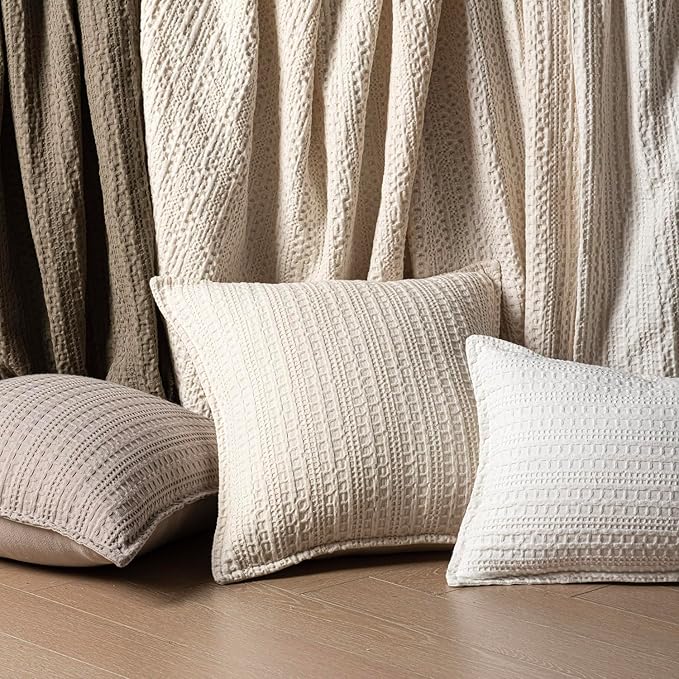 Foindtower Set of 2 Decorative Cotton Waffle Weave Throw Pillow Covers Euro Shams Cushion Covers Accent European Pillowcase for Bed Couch Sofa Bedroom Living Room Home Decor 24×24 Inch Natural Beige