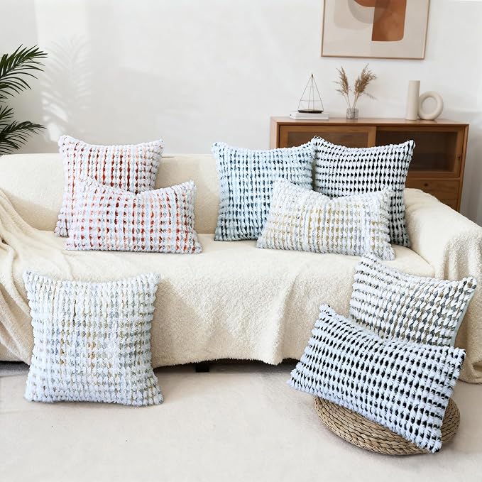Boho Chenille Tufted Pillow Cover 18x18 Inch Set of 1, Farmhouse Striped Decorative Pillow Covers Accent Fluffy Neutral Square Pillowcases for Couch Sofa Bedroom Living Room, Orange White