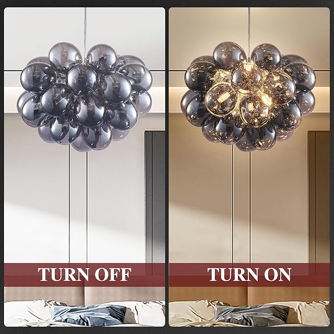 Longree Bubble Ball Chandelier Smoked Black, Dia 20 inch Oval Bubble Glass Pendant Light Fixture for Bedroom Study Bathroom