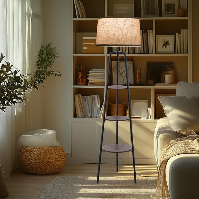 3 Tier Shelf Floor Lamps for Living Room, Modern Standing Lamp with 3 Color Temperature Led Bulb, Tall Lamps for Bedroom and Office, Walnut