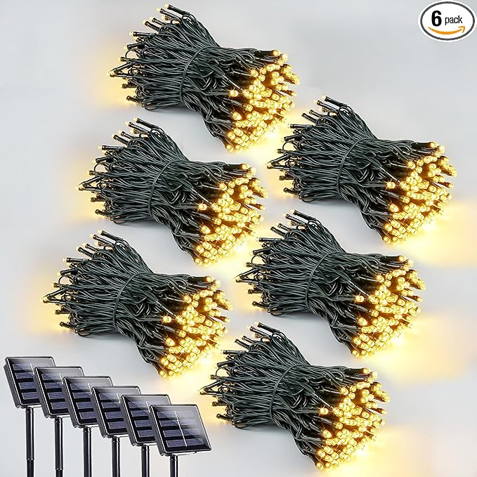 6 Pack 600 LED Solar String Lights for Outside, Solar Christmas Lights Outdoor with 8 Lighting Modes, Waterproof Green Wire Solar Powered Tree Light for Xmas Party Yard Garden Decorations (Warm White)