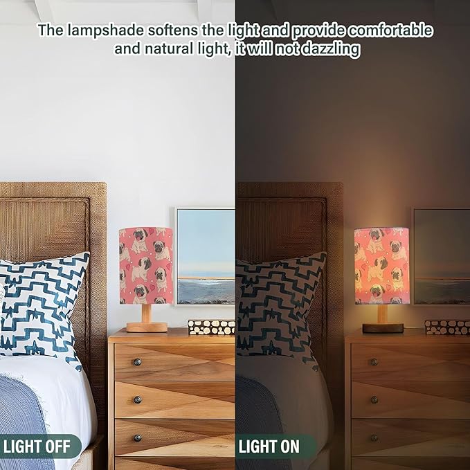 Table Lamp Pugs Puppy Heart on Pink Nightstand Lamp with Wood Base Fabric Lamp Shade Bedside Desk Lamp for Living Room Bedroom Kids Room Office