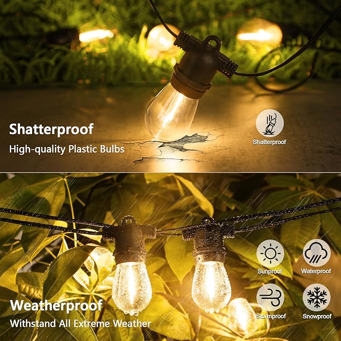 BesLowe 48FT S14 Solar String Lights Outdoor with Remote Controller, Solar Powered Patio Lights Waterproof with LED Edison Bulbs, Dimmable Hanging Lights for Outside Backyard Porch, USB Rechargeable