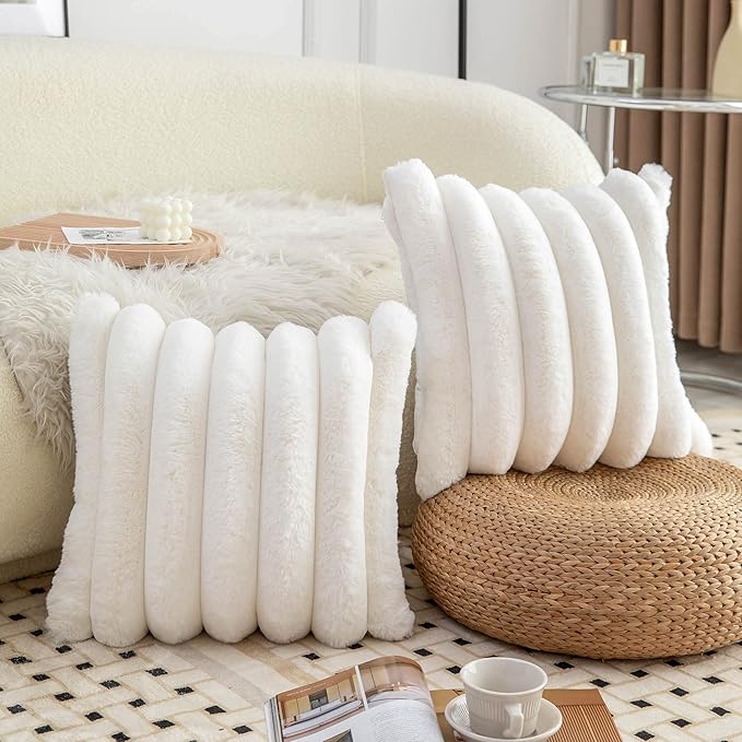 Neelvin Cream White Faux Fur Cozy Soft Striped Decorative Throw Pillow Covers 24x24 inch Set of 2,Velvet Pillowcase Cushion Case for Sofa Couch
