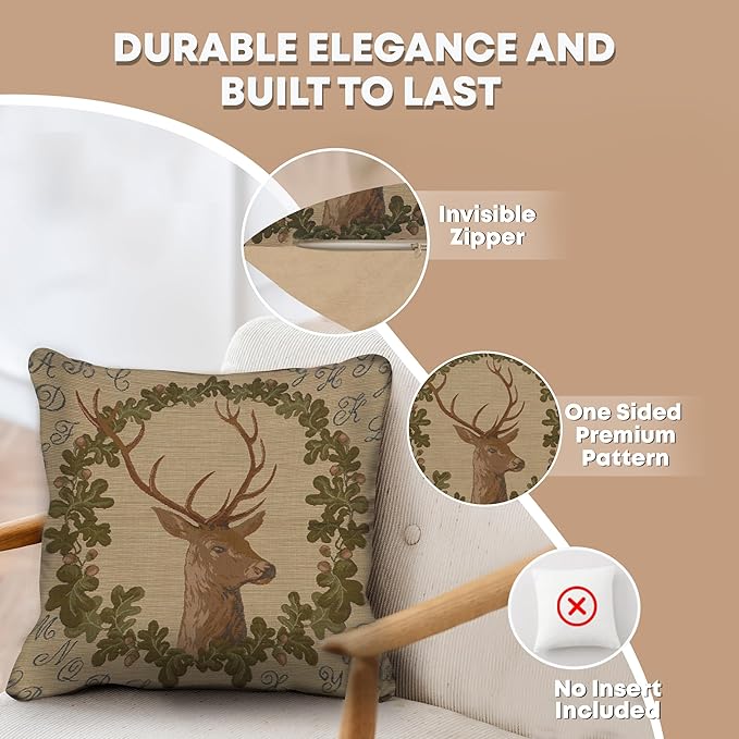 Charlotte Home Furnishings Decorative Pillow Covers for Couch 19x19 in, Tapestry Throw Pillow Cover for Living Room Bed Decor, Stag French Country Sofa Cushion Cases, Soft Cotton Jacquard Woven