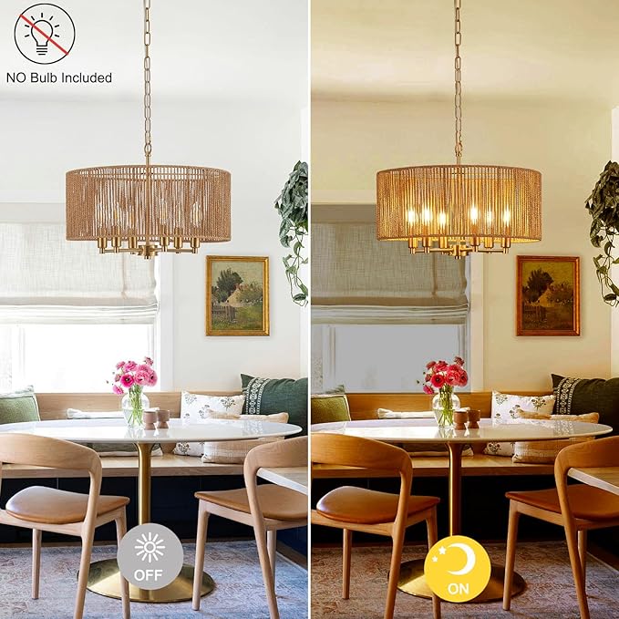20“ Hand-Woven Rattan Chandelier Vintage Farmhouse Boho Bamboo Golden Chandelier Light Fixture Retro Drum Wicker Gold Chandeliers for Dining Room, Kitchen Island, Living Room