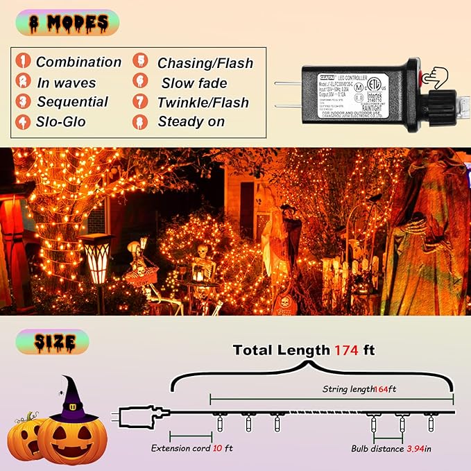 ILLUMINEW Orange String Lights Outdoor Halloween Decorations, 8 Modes 500 Led 174Ft Fairy Thanksgiving Day Lights Plug in for Bedroom Tree Outsides Decor (Orange, 500Led)