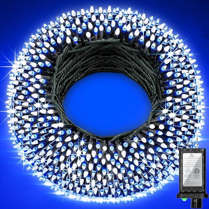 750 LED 240FT Christmas String Lights Outdoor, 12 Pro Modes and Timer Memory & Brightness, Plug in Waterproof Dark Green Wire Twinkle Light for for Xmas Yard Tree Wedding Party Decor (Blue & White)