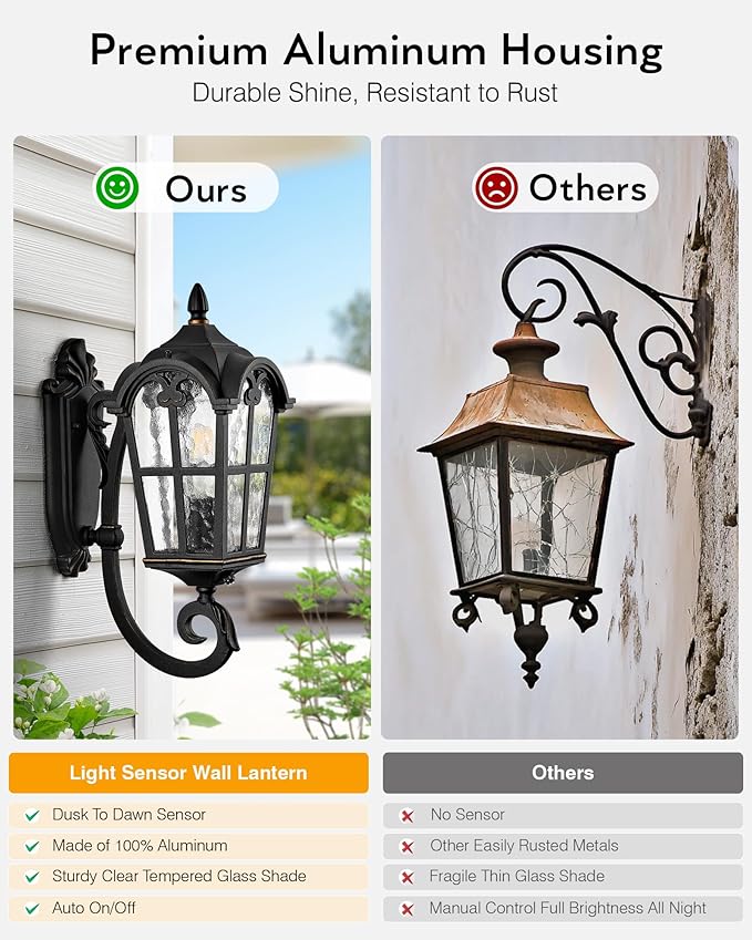VIANIS Outdoor Lights for Porch, Black Dusk to Dawn Outside Lighting with Gold Trim, Porch Lights Outdoor with Tempered Water Ripple Glass for Garden, Patio, Entryway, Waterproof Anti-Rust