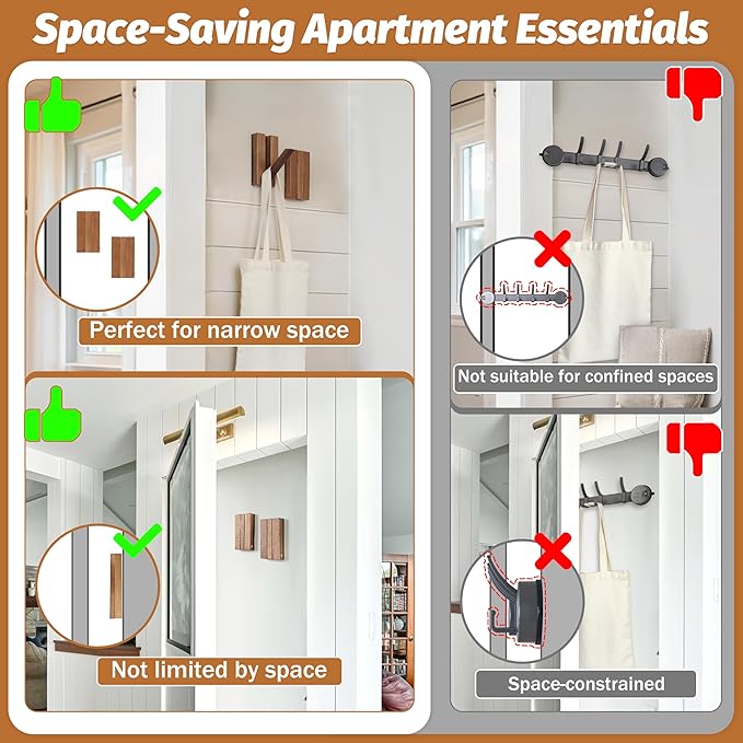 Foldable Wall Hooks 4Pack: Rustic Wooden Coat Hooks Mounted for Heavy Duty Hanging Towels Backpack Bags Hats, Space Saving Minimalist Decorative Hooks for Aesthetic Homeowners