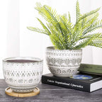 VanEnjoy 5.5 inch Large Round Bohemian Style Ceramic Planter, Geometry Engrave Off White Brown Succulent Planter Flower Pot, Indoor Outdoor Decorative Planter